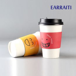 400PCS Disposable Cup Sleeve Tea Shop Coffe Cup Sleeve Double Layer Craft Paper Sleeves Juice Non-slip Smiling Face Customize