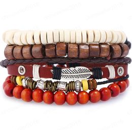 Hot sale Men's genuine leather bracelet DIY PU Alloy leaf Wood Bead Bracelet Combination suit Bracelet 4styles/1set