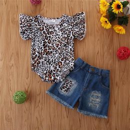 2020 Summer leopard print baby girls suits Infant Outfits romper+shorts Jeans 2pcs/set baby girl clothes girls outfits