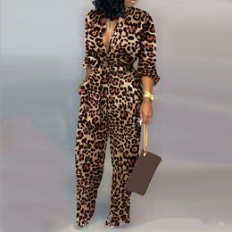 Women's Jumpsuits & Rompers Sexy Women Romper Leopard Tied Waist Long Sleeve Jumpsuit Night Clue Autumn Clothing Set