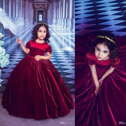 New Chea Lovely Burgundy Velvet Girls Pageant Dresses Ball Gowns Jewel Puffy Beaded Floor Length Kids Party For Wedding Flower Girl Dresses