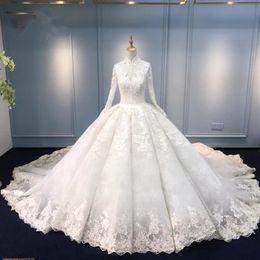 High Neck long sleeve wedding dresses Cupcake Ball Gown Floral Lace Beaded White Ivory 2021 Plus Size Wedding Dress vestidos de novia