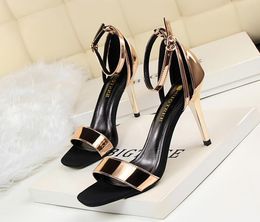 Sexy 6598 Summer Women Open Toes High Heels Simplicity Straight Buckle Stiletto Sandals Fashion Lady Mixed Color Party Shoes