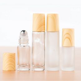 5ml 10ml Frosted Clear Glass Roll On Bottles with Metal Roller Ball and Wood Grain Plastic Cap WB2376