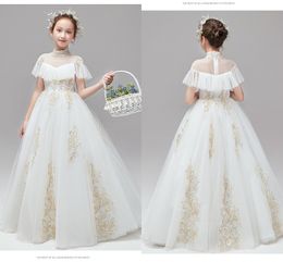 2021 First Holy Communion Dresses High Neck Ivory Tulle Gold Embroidered Boho Short Sleeves Flower Gilr Dress For Wedding Toddler Evening