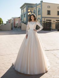 Long Sleeves Wedding Dresses A Line Off Shoulder Bridal Gowns Boat Neck Wedding Gowns Country Style