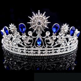 Retro Königsblaue Hochzeitskrone Tiara Kopfschmuck für Abschlussball Quinceanera Party Tragen Kristall Perlen Hochsteckfrisur Halbhaarschmuck Braut Jewe302Z