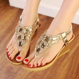 Plus size Women Summer wedge Sandals Beach shoes Flip Flops Bohemian Shoes Silver Gold Shiny Luxury Gem Beading lady wedge sandals