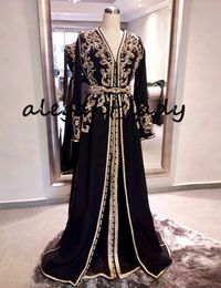 Black Long Sleeve Moroccan Caftans Sweep Train Vintage Party Dress with Embroidery 2021 Muslim Kftan Arabic Evening Dress