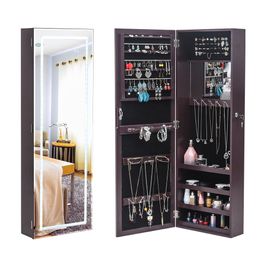 WACO Door Back LED Mirror Jewelry Armoire Display Storage Drawers,LED Lights Necklace Hooks Organizer, Jewelries Rack Shelf Dressers Cabinet Brown