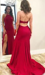 Cheap Red Evening Elegant Formal Dresses With Thighspit Halter Open Back Sexy Prom Dress Black Girls Birdesmaid Party Plus Size Custom