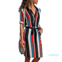 Hot Sale 19ss Long Sleeve Shirt Dress Summer Chiffon Boho Beach Dresses Women Casual Striped Print A-line Mini Party Dress Vestidos