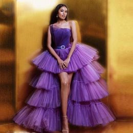 Purple High Low Prom Dresses Srrapless Puffy Ruffles Tirered Tulle Evening Dress With Sash Draped Party Gowns abiye vestido de festa