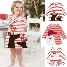 Baby Girl Clothes Christmas Infant Princess Dresses Stripe Long Sleeve Baby Dress Christmas Party Costume Santa Claus Elk Printed DH4772