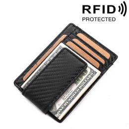 Fashion new ID bank card money clip wallet carbon Fibre ultra thin genuine leather business card holder RFID protection
