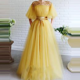 Old Yellow Evening Dresses crew Applique Half Sleeves Beads Special Occasion robe soiree Islamic Dubai Kaftan Saudi Arabic Prom Gown