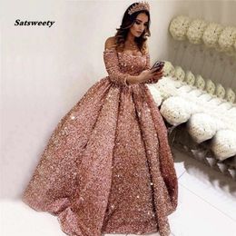 Dubai Pink Long Sleeves Prom Kleider Pailletten funkeln hochwertige sexy Abendkleider Custom Made Vestidos de Gala