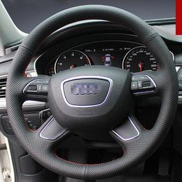 Hand-stitched Black leather Car Steering Wheel Stitch on Wrap Cover for Audi A6