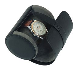 Debossed Logo Crossgrain Leather Black Travel Watch Box Single Watch Roll Case
