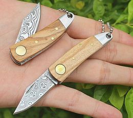 Promotion Mini Small Damascus EDC Pocket Folding Knife Sweden Damascus Steel Blade Olive wood Handle With Leather Sheath