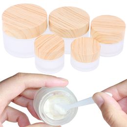 Hot 5g 10g 15g 30g 50g 100g Frosted Glass Jar Cream Bottles Round Cosmetic Jars Hand Face Packing Bottles Jars With Wood Grain Cover