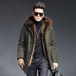 Real Fur Jackt Men Winter Fur Coats Natural Raccoon Fur Collar Hoodies Warm Outerwear Long Parkas L XL 2XL 3XL 4XL
