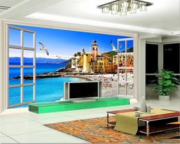 Living 3d Wallpaper Outside the Window Sunshine Coast European Scenery 3D Stereo TV Background Wall Silk Mural Wallpaper