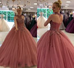 Glamorous Halter Vestidos De Quinceanera Sweet 16 Dresses 2020 Applique 3d Flowers Pleated Tulle Empire Waist Prom Dress Party Formal Gowns