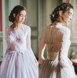 2020 Elegant Wedding Dresses Jewel Neck Long Sleeve Sweep Train Robes De Mariée Lace Applique Wedding Dress Bridal Gowns
