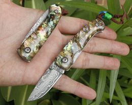 Mini Small Damascus Pocket Folding Blade Knife VG10 Damascus Steel Drop Point Blade Abalone shell + Stainless Steel Sheet Handle