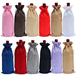 18 Colors Wine Bottle Covers Champagne Wine Bags Blind Packaging Gift Bags Rustic Hessian Christmas Dinner Table Decoration CYZ1238 120PCS