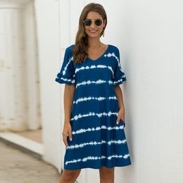 Abito da donna Boho casual a righe con stampa tie-dye Patchwork Abito estivo con scollo a V T-shirt allentata Abito da spiaggia Femme Robe