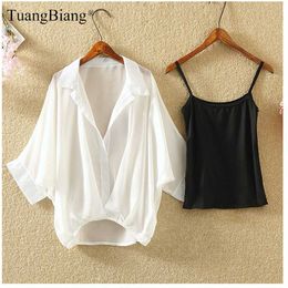 Ladies 2020 Two piece set Plus Size Chiffon Shirts Summer Half Sleeve Loose V-Neck Women Casual Blouse Autumn Sexy Cool Tops