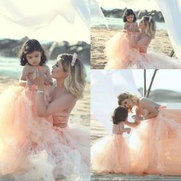 Modest Sequined Top Two Pieces Mother Dress And Daughter Party Pageant Dresses Long Floor Tutu Tulle Flower Girls Dresses B146