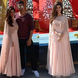 Blush Pink Indian Arabic Kaftan A Line Evening Dresses with Wrap Sheer Beaded Cape Chiffon Formal Dress Special Occasion Prom Party Gowns