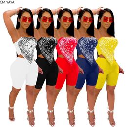 CM.YAYA Women Bandanna Print Bellyband Mini Crop Tops Knee Length Shorts Jogger Pants Suit Two Piece Set Sport Tracksuit Outfits
