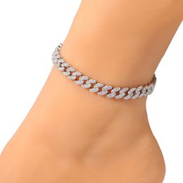 Fashion Womens Anklets Bracelet Iced Out Cuban Link Chain Bracelets Gold Sier Pink Diamond Hip Hop Jewellery