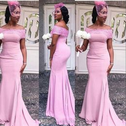 New Cheap African Black Girl Pink Bridesmaid Dresses Mermaid Off Shoulder Lace Appliques Wedding Guest Dress Plus Size Maid Of Honour Gowns