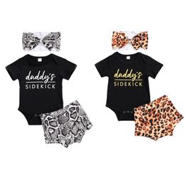 Summer Baby Leopard Clothing Sets Girls Letter Short Sleeve Romper + Leoaprd Short Pants + Headbands 3pcs/set Outfits Kids Outifits M2440