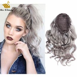 Cuticle Aligned Human Hair Extensions Grey Color Clip in Ponytail Extension Drawstring Ponytial Wavy SilverColor