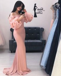 2020 Coral Lace Mermaid Evening Gowns strapless Long Puff Sleeve Arab Prom Dresses Off The Shoulder Evening Party Gowns Robe De Soire