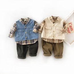 Fashion baby boys suits baby boy clothes Infant Outfits cotton long sleeve shirt+denim Vest waistcoat+ trousers 3pcs/set retail