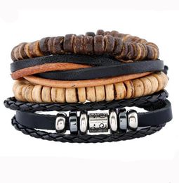 Hot sale Men's genuine leather bracelet DIY PU multilayer Wood Bead braid Beading Combination suit Bracelet 4styles/1set