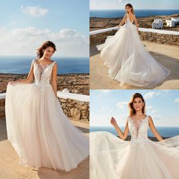 Eddy K A Line Wedding Dresses Sheer V Neck Lace Appliques Tulle Bridal Gowns Illusion Backless Beach Sweep Train Wedding robes de 299A