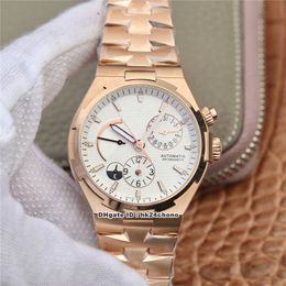 TWA 42mm Overseas Dual Time Power Reserve Cal. 1222 SC Automatic Mens Watch 47450/B01R-9404 White Dial Rose Gold Bracelet Gents Watches