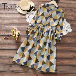 Casual Dresses Trytree 2022 Autumn Women Dress O-Neck Colorful Geometric Shirt A-Line Knee-Length Button Office Lady Loose