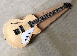 Free Shipping 5 Strings Natural Wood Color Electric Bass Guitar with Semi-hollow Body,White Pickguard,Rosewood Fretboard with Black Binding