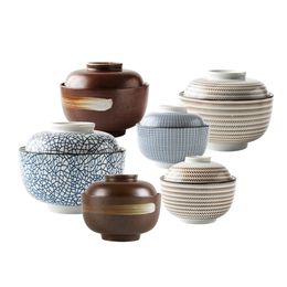 Zen Spirit Japanese Bowl with Lid Vintage Underglaze Handmade Ceramic Stew Tureen for Rice Noodle Soup 4.5 6.5 inch