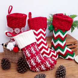 Knitted Christmas Stockings Xmas Decorative Socks with Two Pom Poms Gift Holders Chrismas Tree Fireplace Hanging Ornaments Kids 5 Color 4764