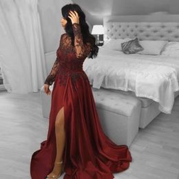 2020 Dark Red Plus Size Evening Dresses vestidos de fiesta Illusion Long Sleeves Beading Lace Leg side Slit Evening Gowns Formal Dresses